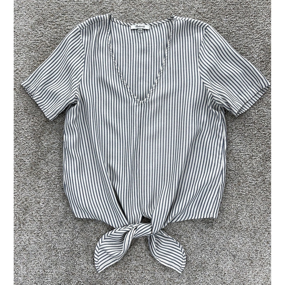 Madewell Top Womans XS Blue Novel Tie Front Drapey Striped Short Sleeve‎ V Neck